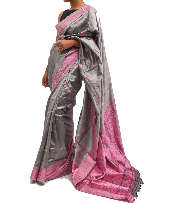 Grey pink silk handloom assam saree
