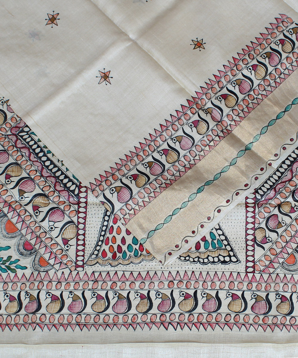 Beige multicolor hand painted madhubani kosa tussar silk saree