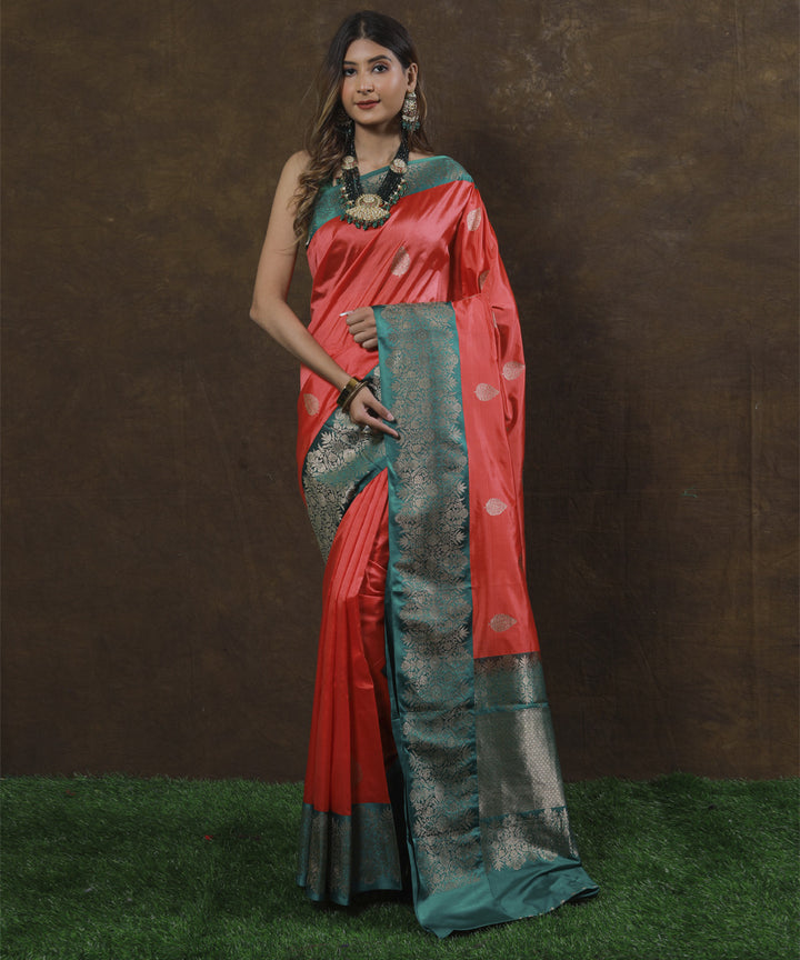 Coral and green silk handloom banarasi saree