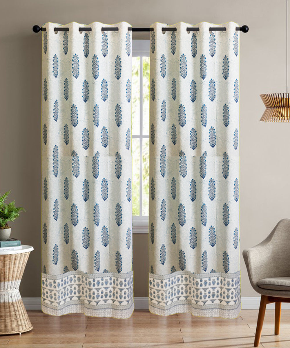 White hand block printed long door cotton curtain