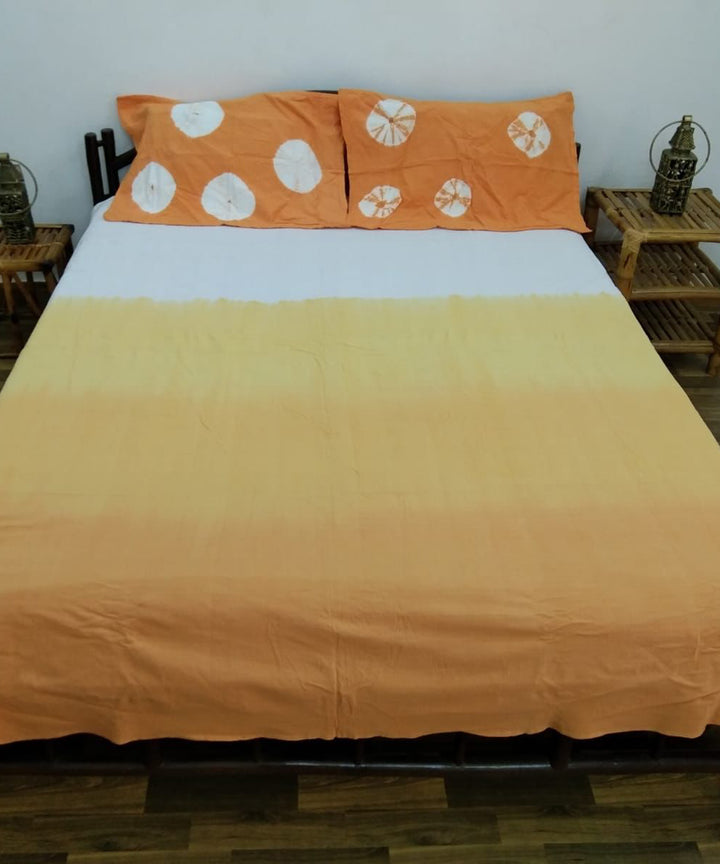 White orange handcrafted tie dye cotton double bedsheet