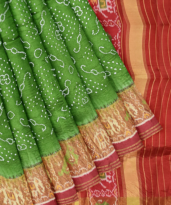 Lime green red silk handwoven patola saree