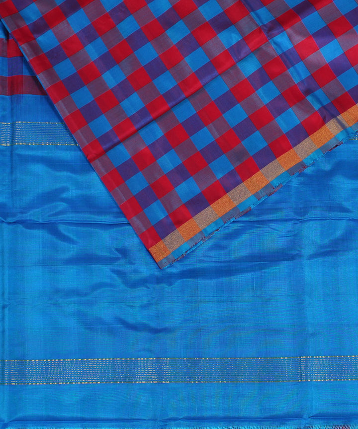 Pink and sky blue checks handwoven karnataka silk saree