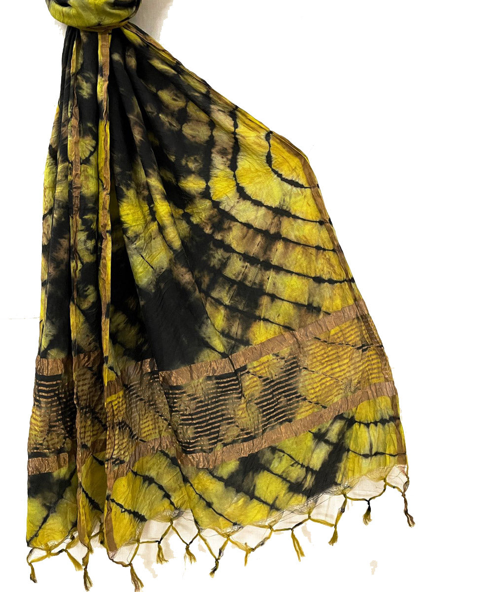 Yellow black handwoven tie dye tussar silk stole