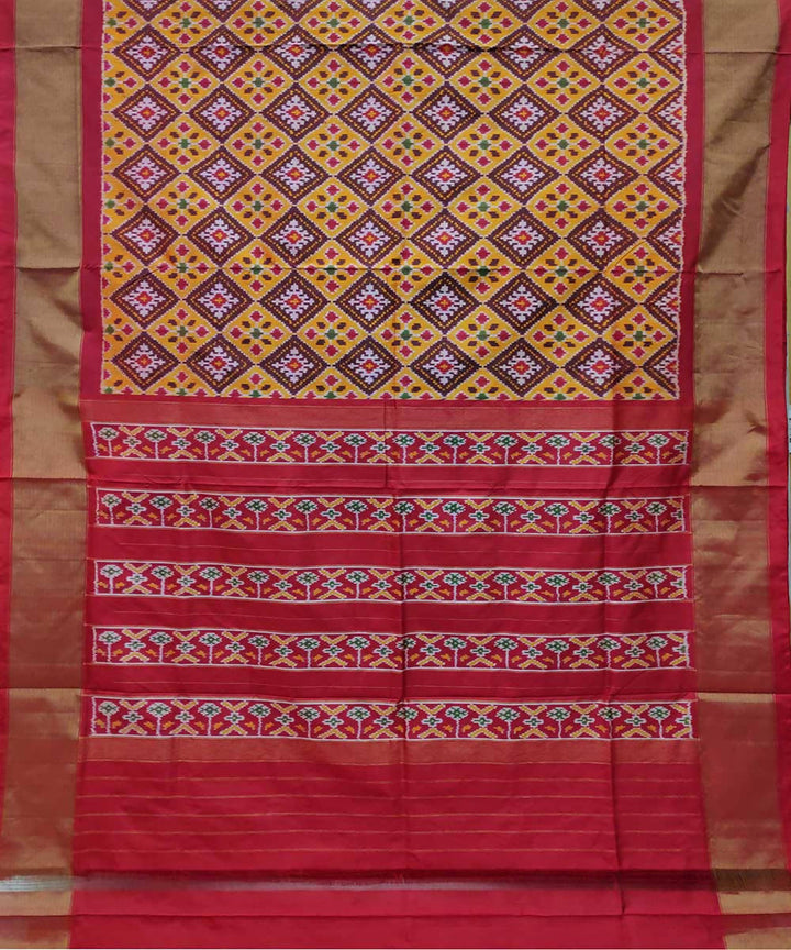 Mustard and red handwoven ikkat silk pochampally saree