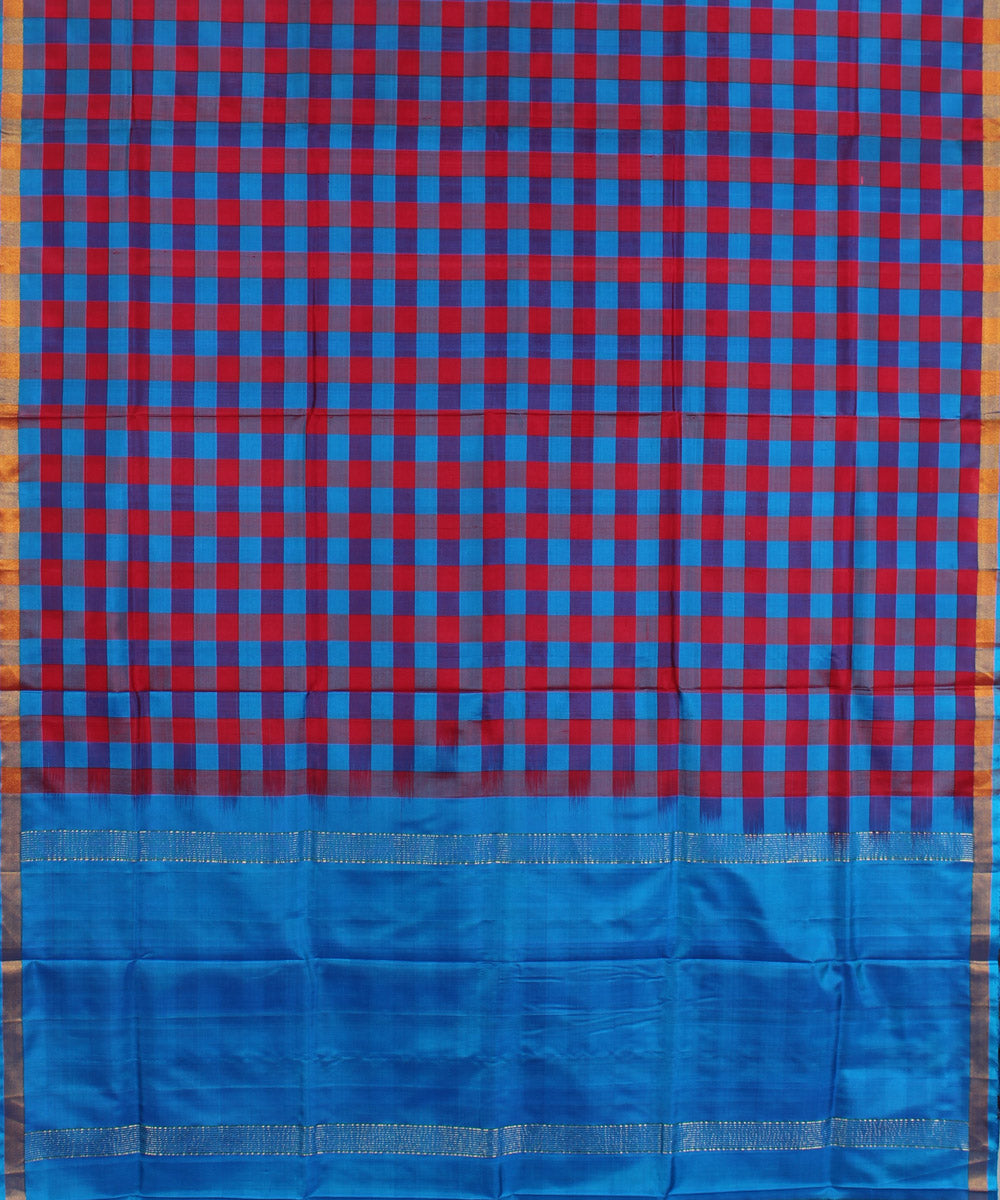 Pink and sky blue checks handwoven karnataka silk saree