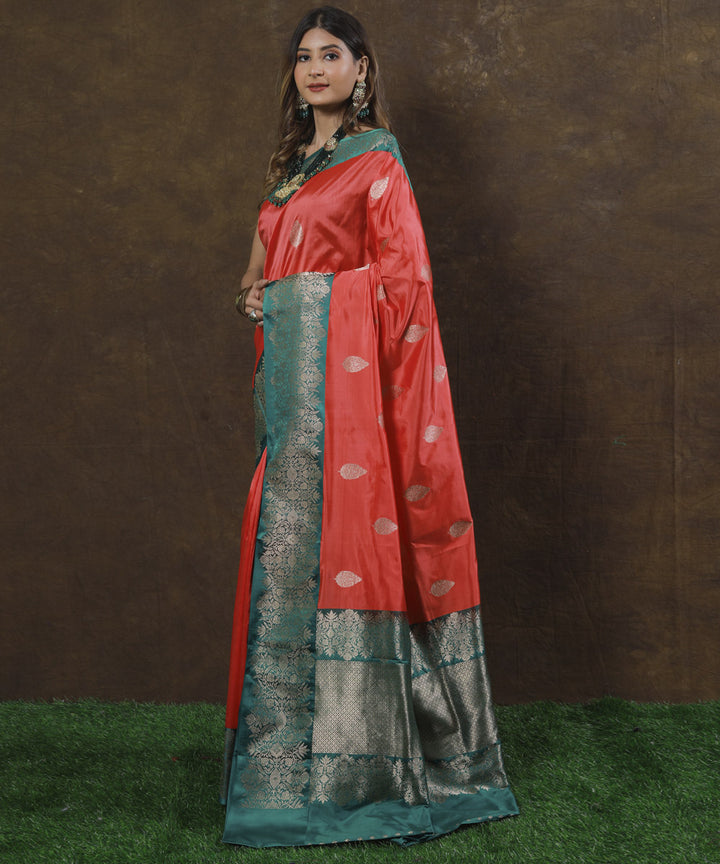 Coral and green silk handloom banarasi saree