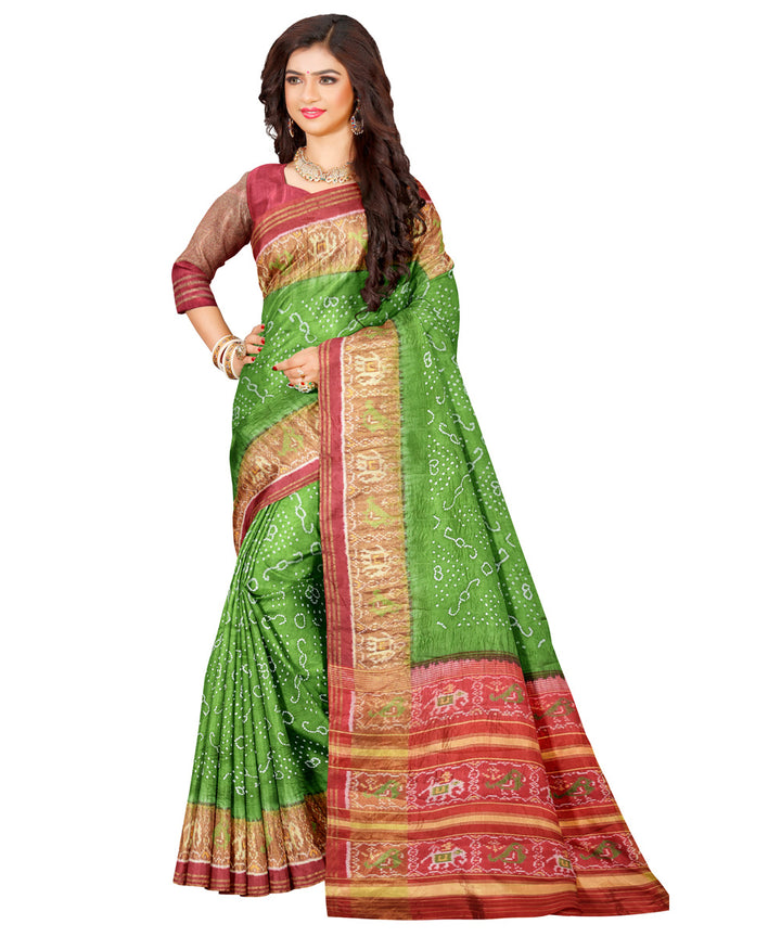 Lime green red silk handwoven patola saree