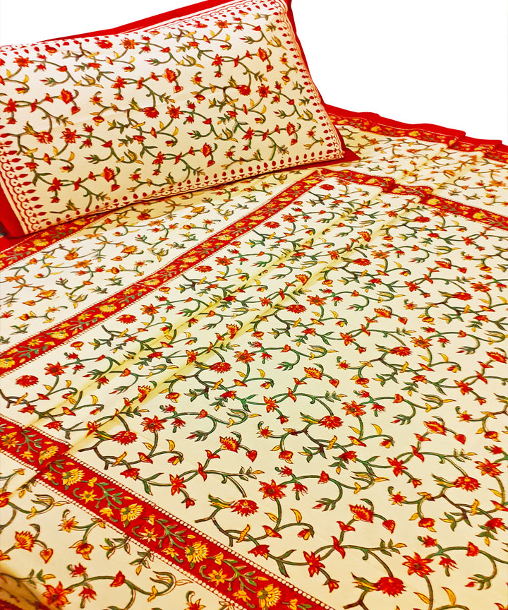 Cream red handblock print cotton single bed sheet with pillow cover