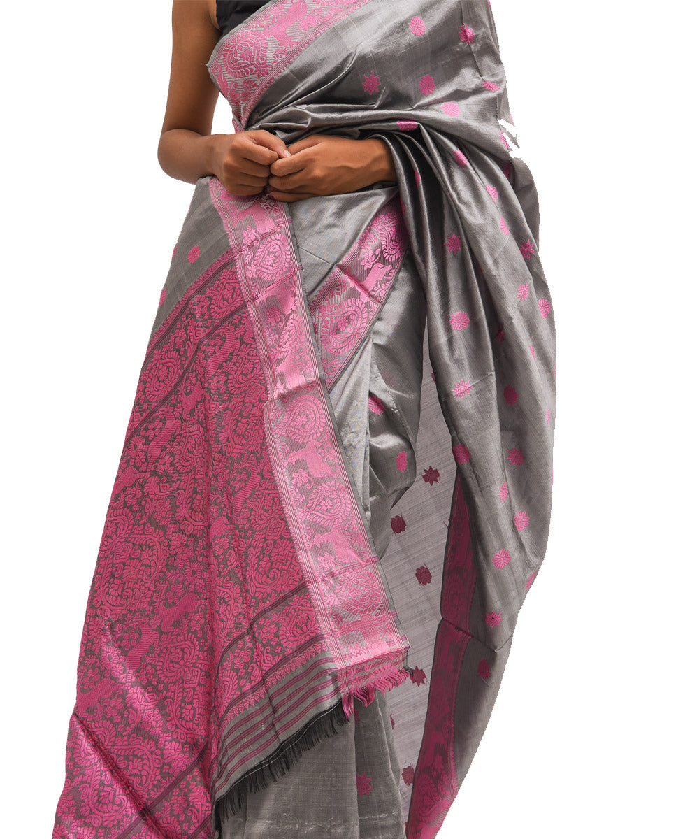 Grey pink silk handloom assam saree