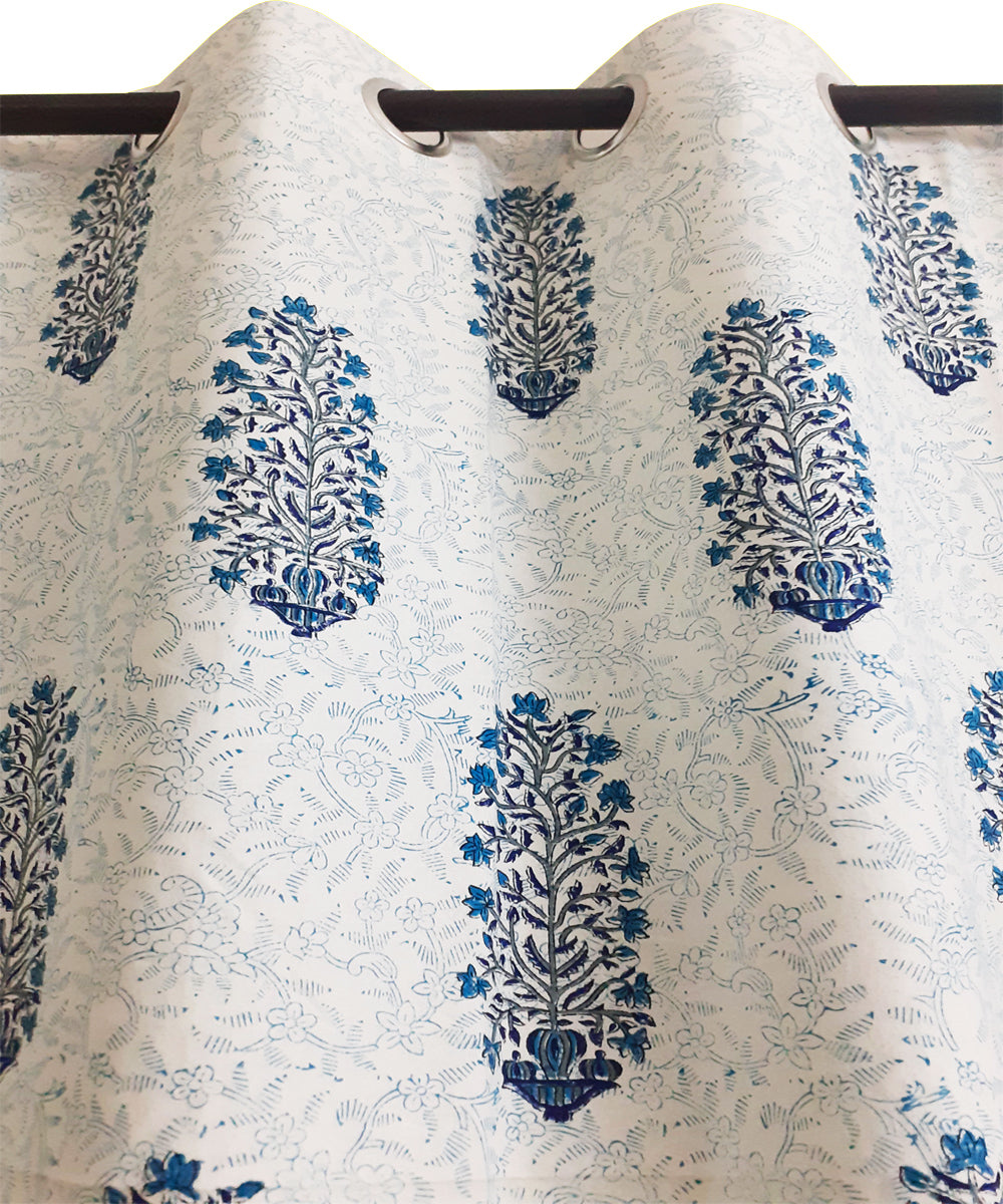 White hand block printed long door cotton curtain