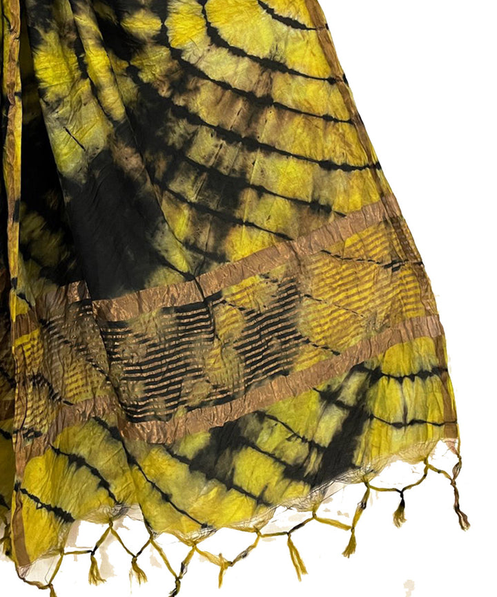 Yellow black handwoven tie dye tussar silk stole