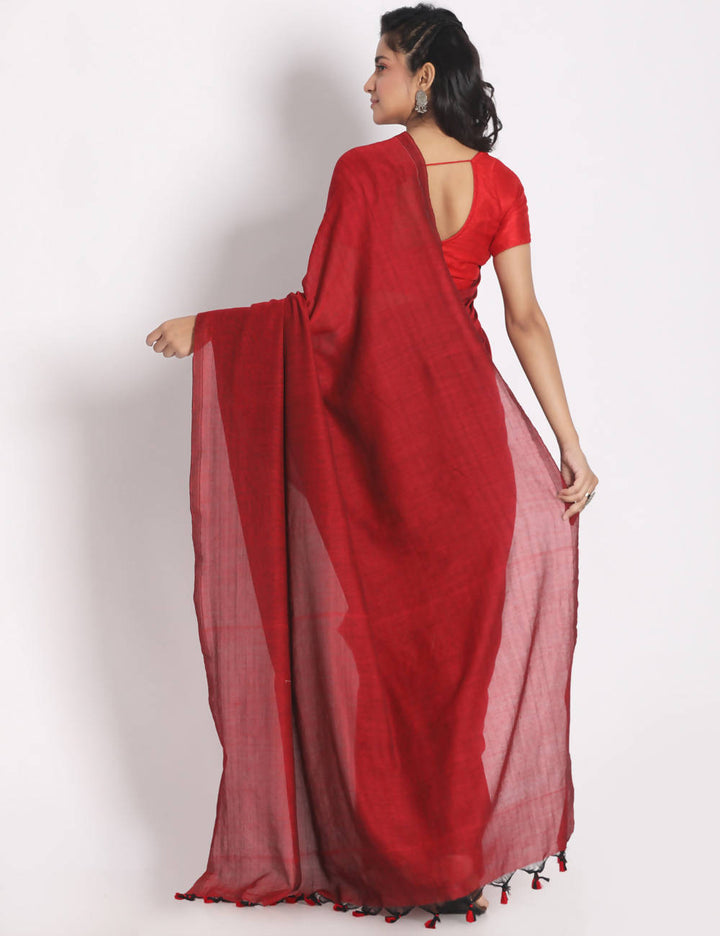 Red handspun handwoven cotton saree