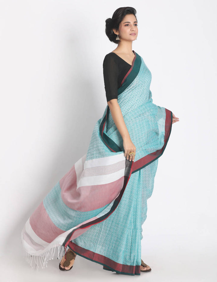 Baby blue handspun handwoven cotton saree