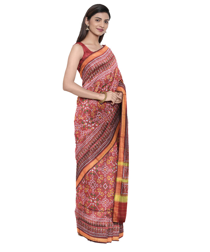 Reddish brown silk handloom patola ikat saree