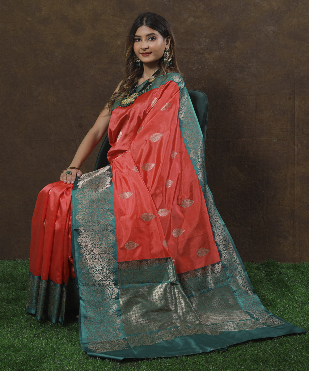 Coral and green silk handloom banarasi saree