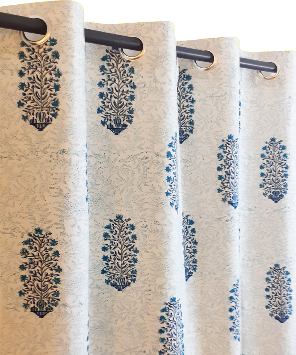 White hand block printed long door cotton curtain