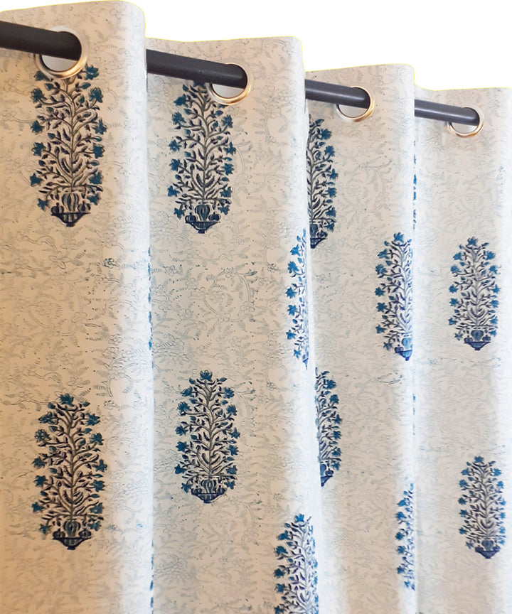White hand block printed long door cotton curtain