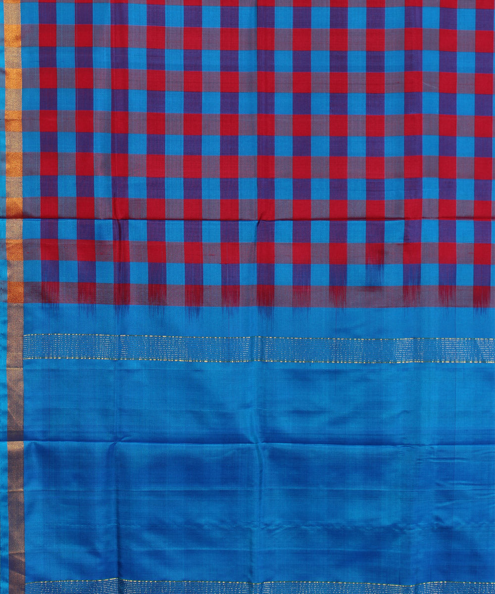 Pink and sky blue checks handwoven karnataka silk saree
