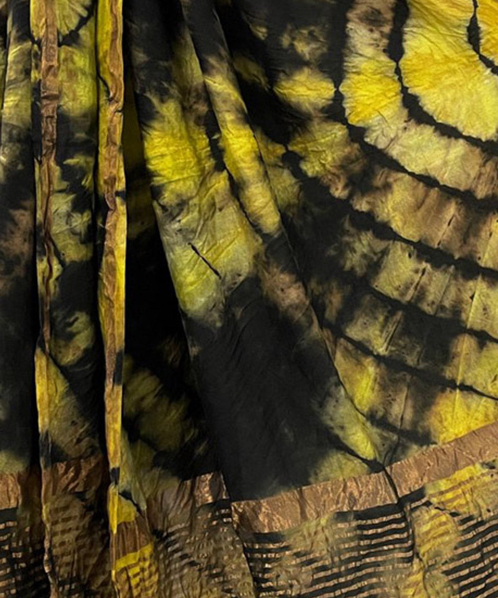 Yellow black handwoven tie dye tussar silk stole