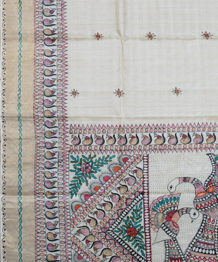Beige multicolor hand painted madhubani kosa tussar silk saree