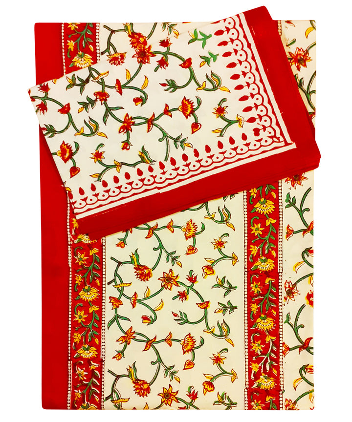 Cream red handblock print cotton single bed sheet with pillow cover
