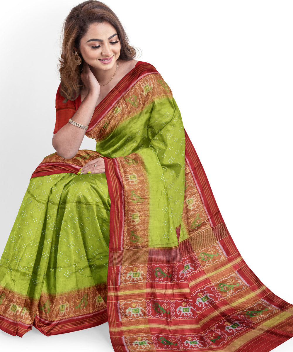 Green red handwoven bandhani patola silk saree