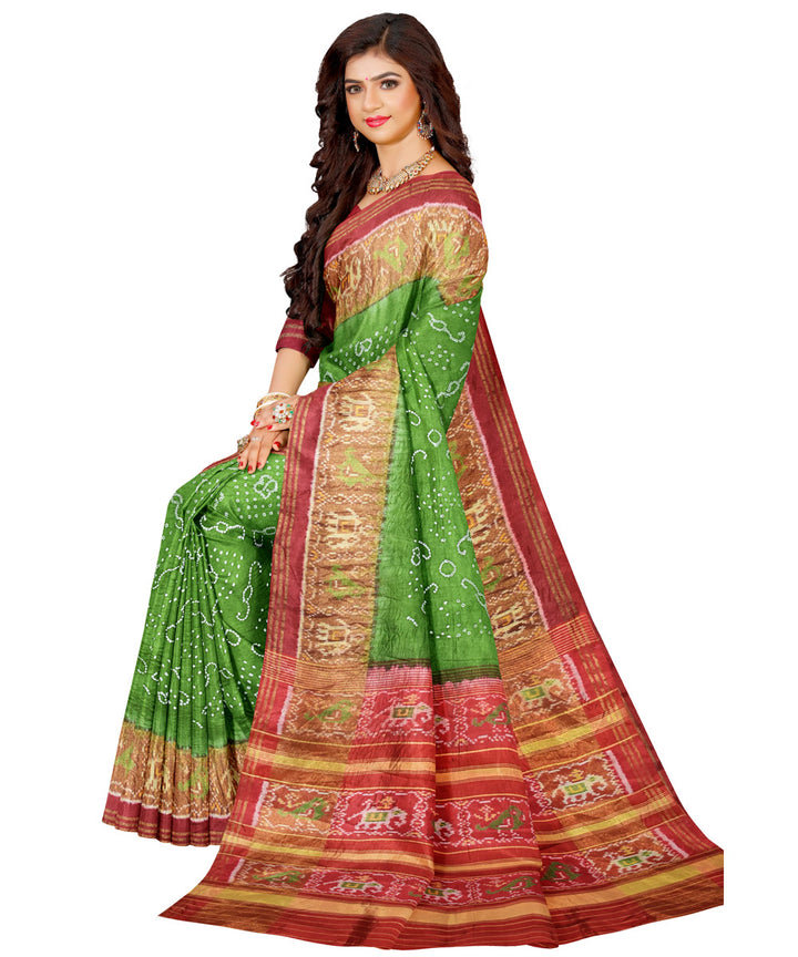 Lime green red silk handwoven patola saree