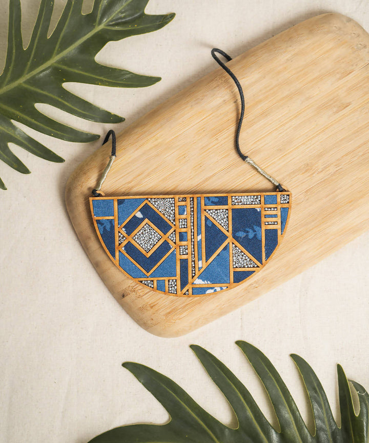 Blue printed fabric and mdf maze necklace