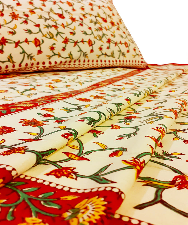 Cream red handblock print cotton single bed sheet with pillow cover