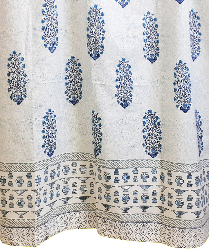 White hand block printed long door cotton curtain