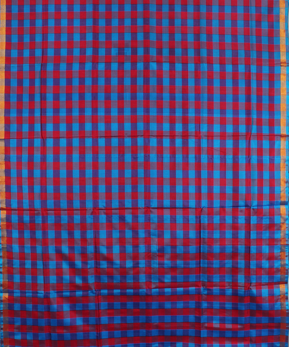Pink and sky blue checks handwoven karnataka silk saree