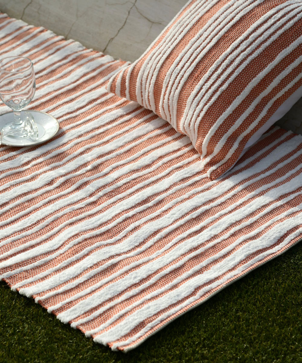 Peach handwoven stripe cotton dhurrie