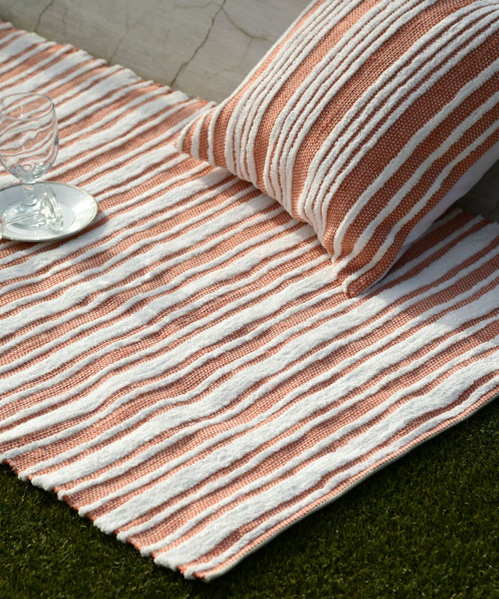Peach handwoven stripe cotton dhurrie