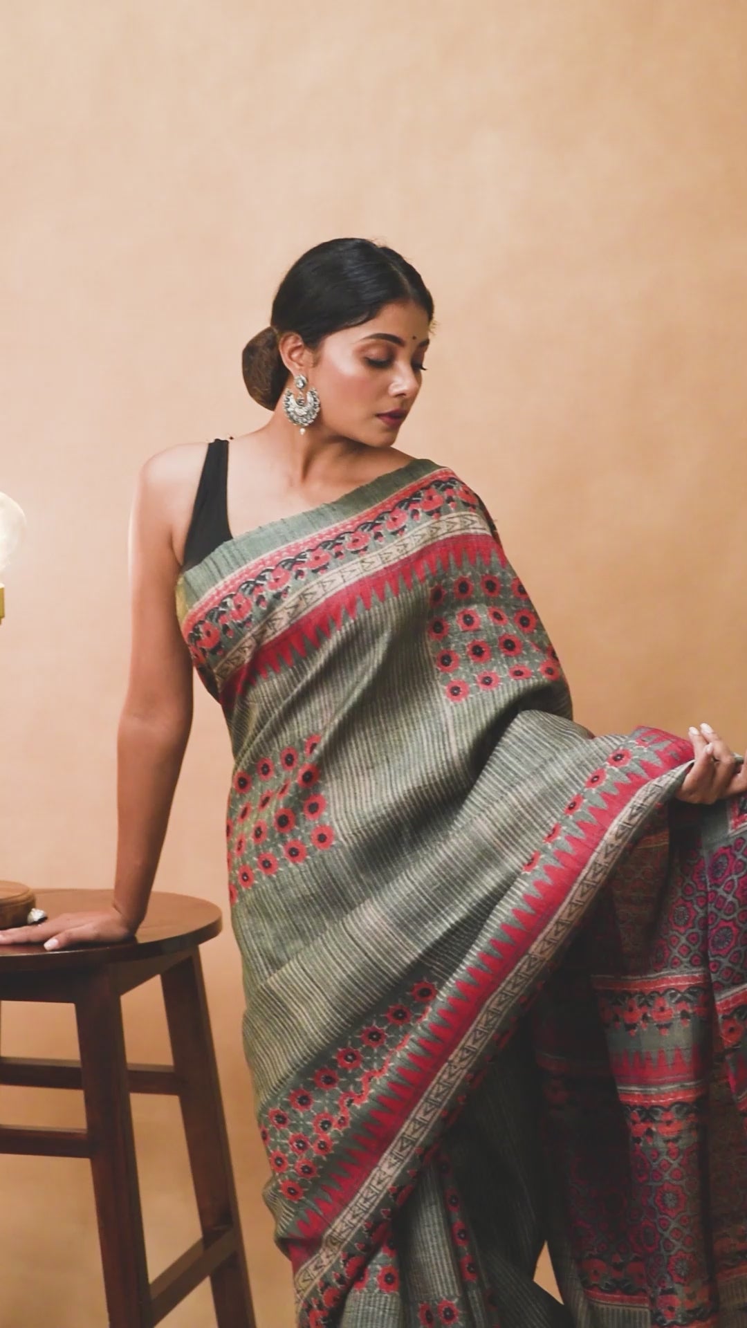 Olive green handwoven tussar silk block print saree