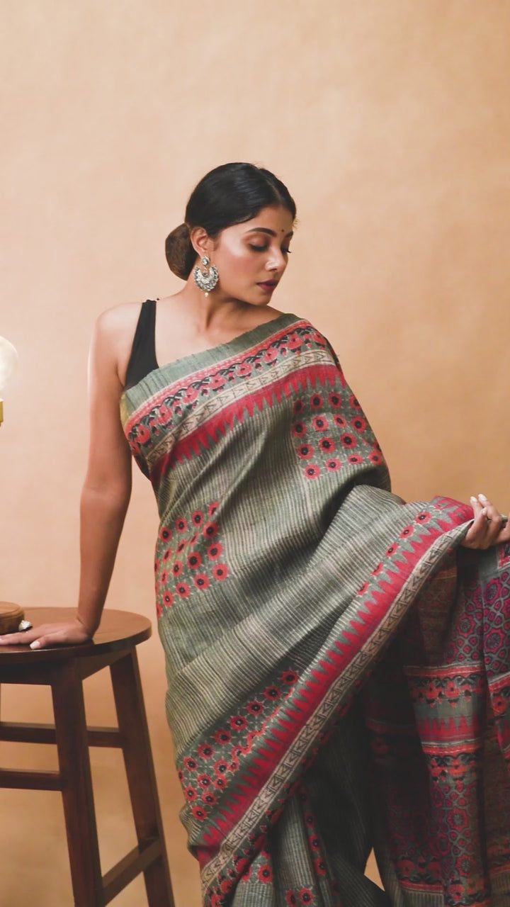 Olive green handwoven tussar silk block print saree