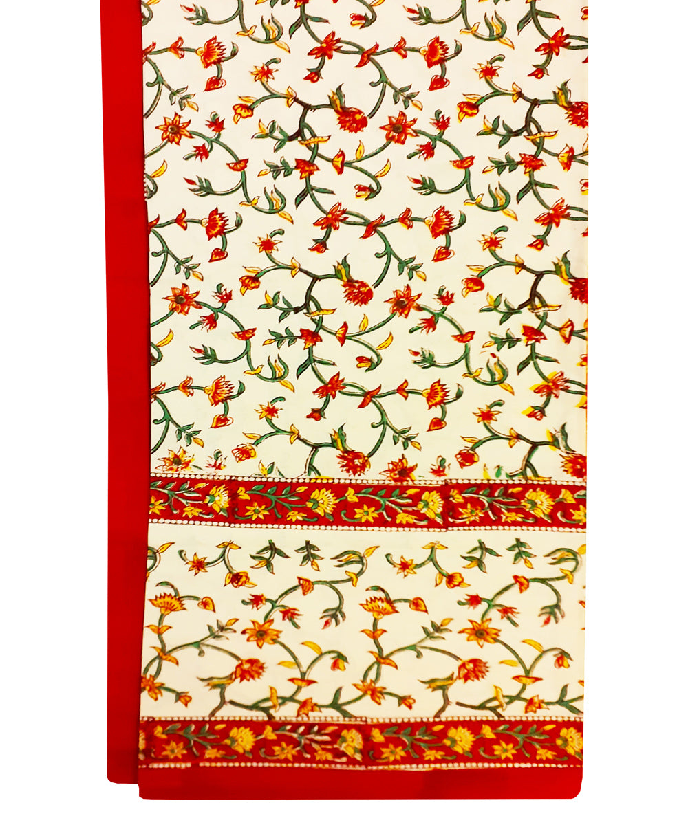 Cream red handblock print cotton single bed sheet with pillow cover