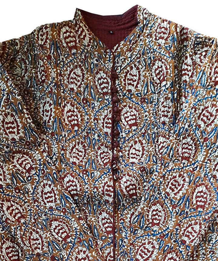 Ochre maroon handblock printed cotton quilted long jacket