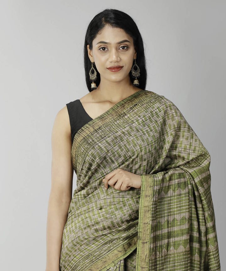 Dark olive green bagru handblock printed cotton silk saree