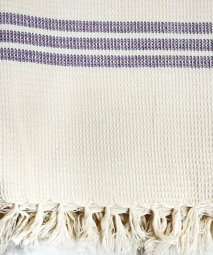 Waffle weave offwhite purple handwoven coarse cotton towel