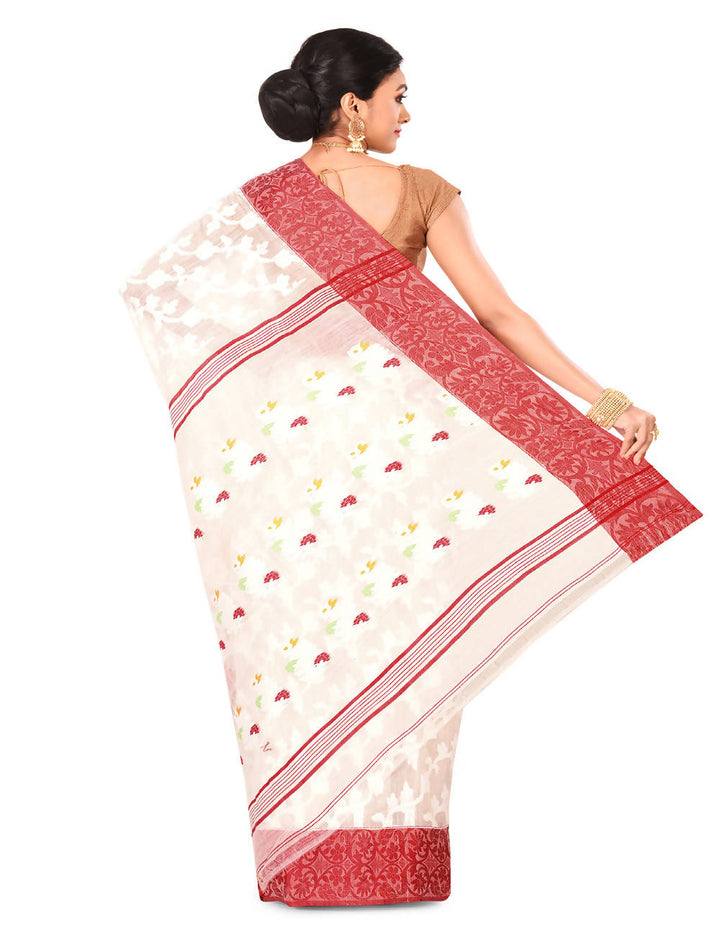 White and red Bengal Handloom cotton blend saree