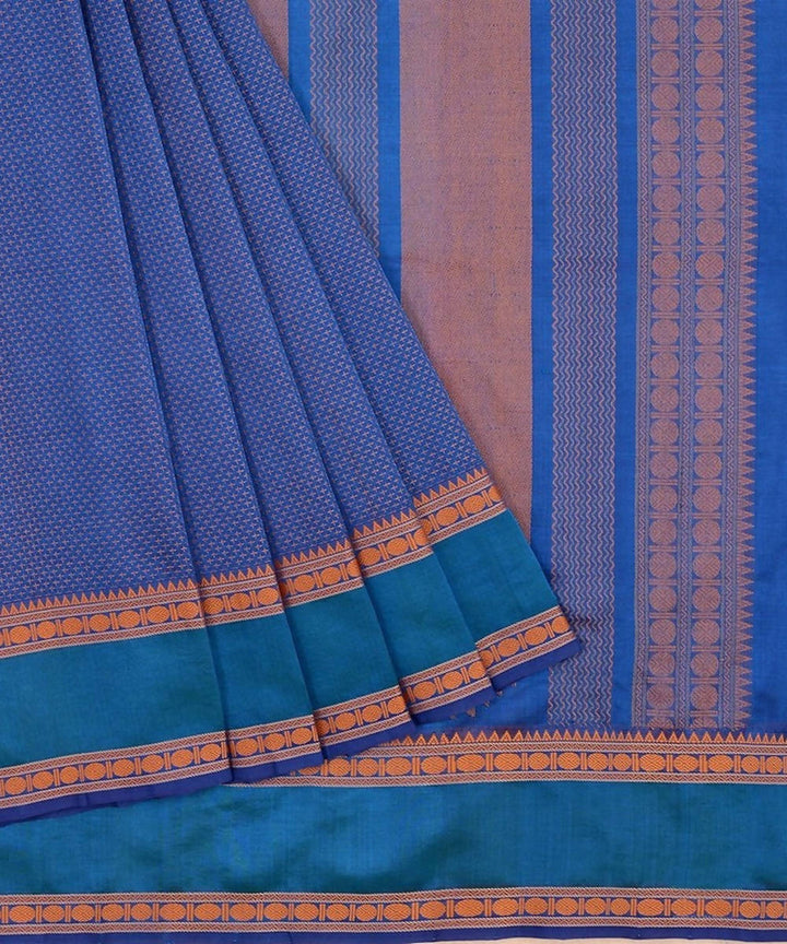 Royal blue kanchi silkcotton saree with plus butta rudraksha border