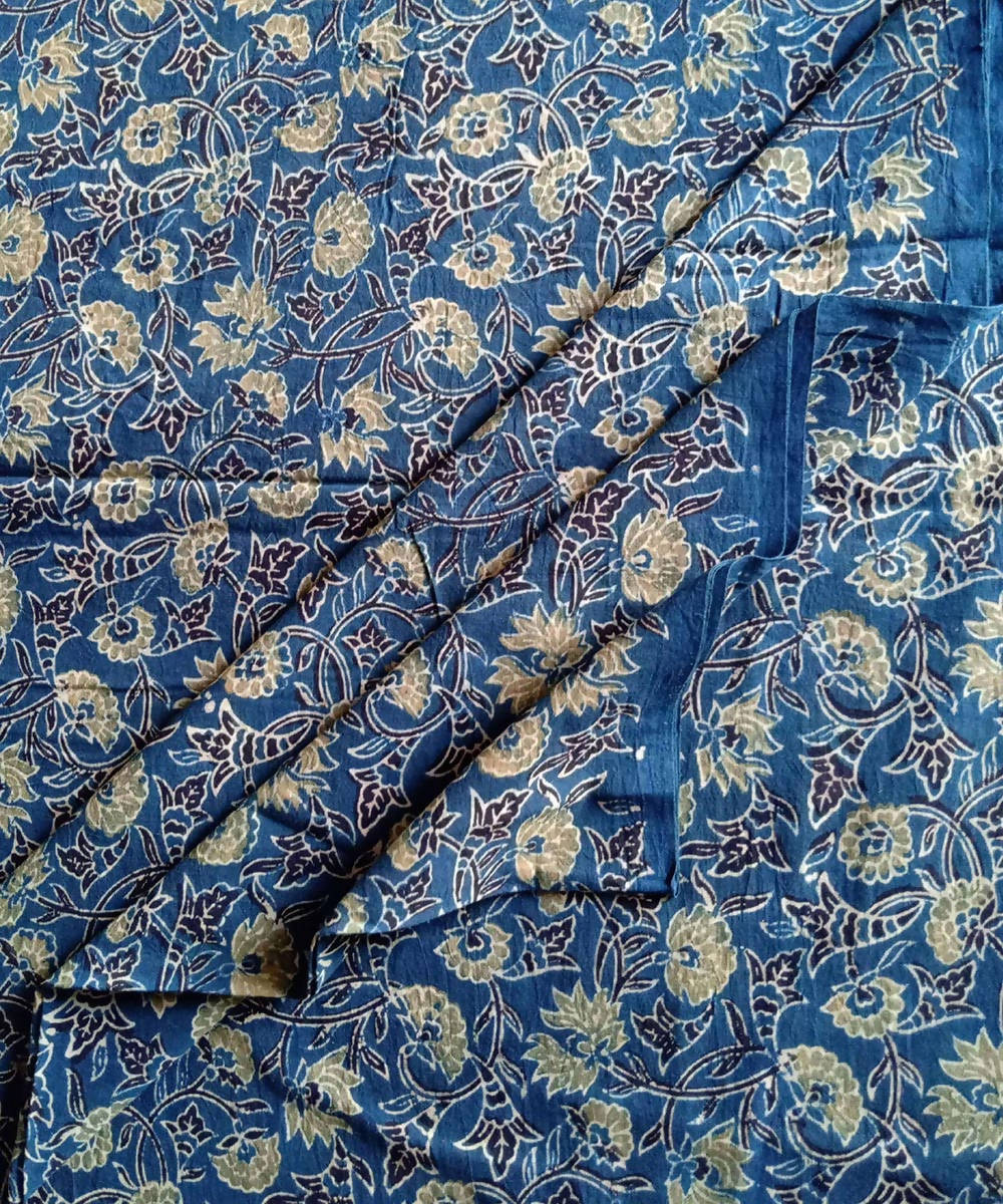 ajrakh blue yellow print handspun handwoven cotton kurta fabric