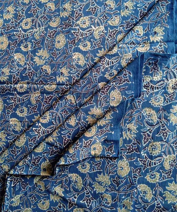ajrakh blue yellow print handspun handwoven cotton kurta fabric