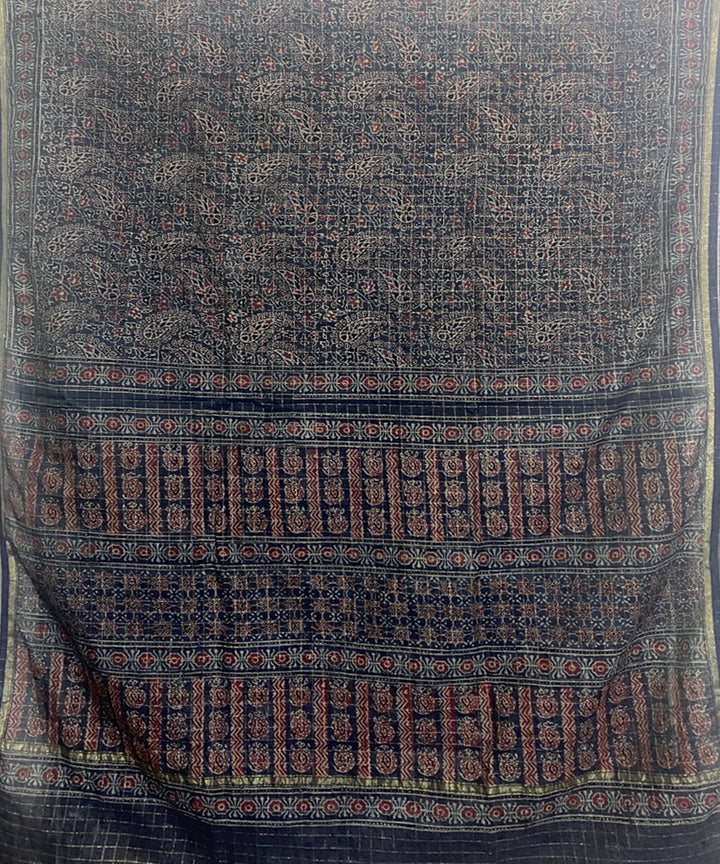 Navy blue hand block print chanderi cotton silk ajrakh saree