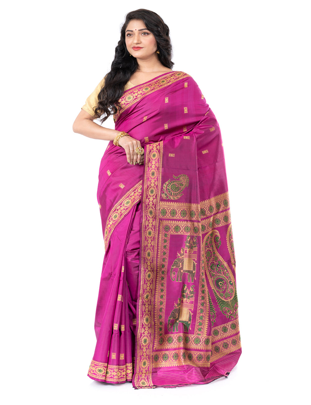 Purple handwoven malda silk swarnachari baluchari saree