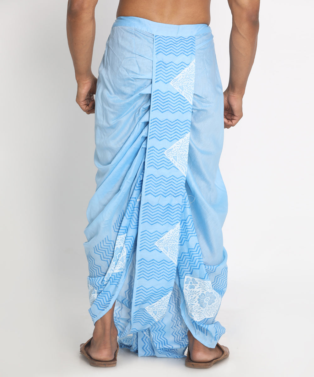 Blue chanderi ready to wear stitched handblock print dhoti