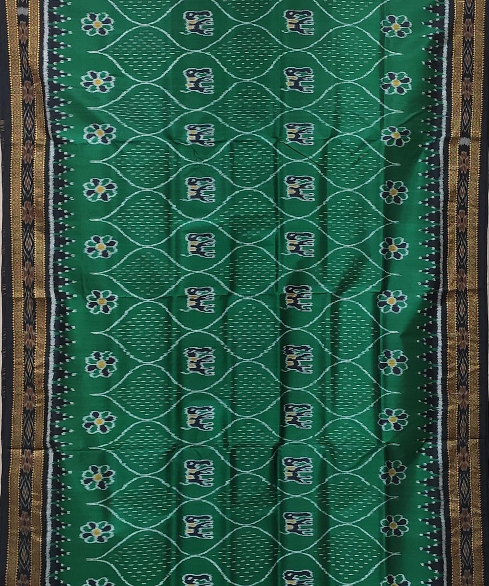 Dark green black handwoven elephant bandha motif silk khandua saree