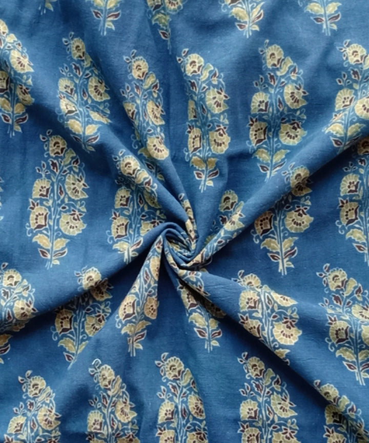2.5m Blue yellow ajrakh print handspun handwoven cotton kurta fabric