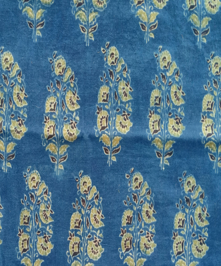 2.5m Blue yellow ajrakh print handspun handwoven cotton kurta fabric